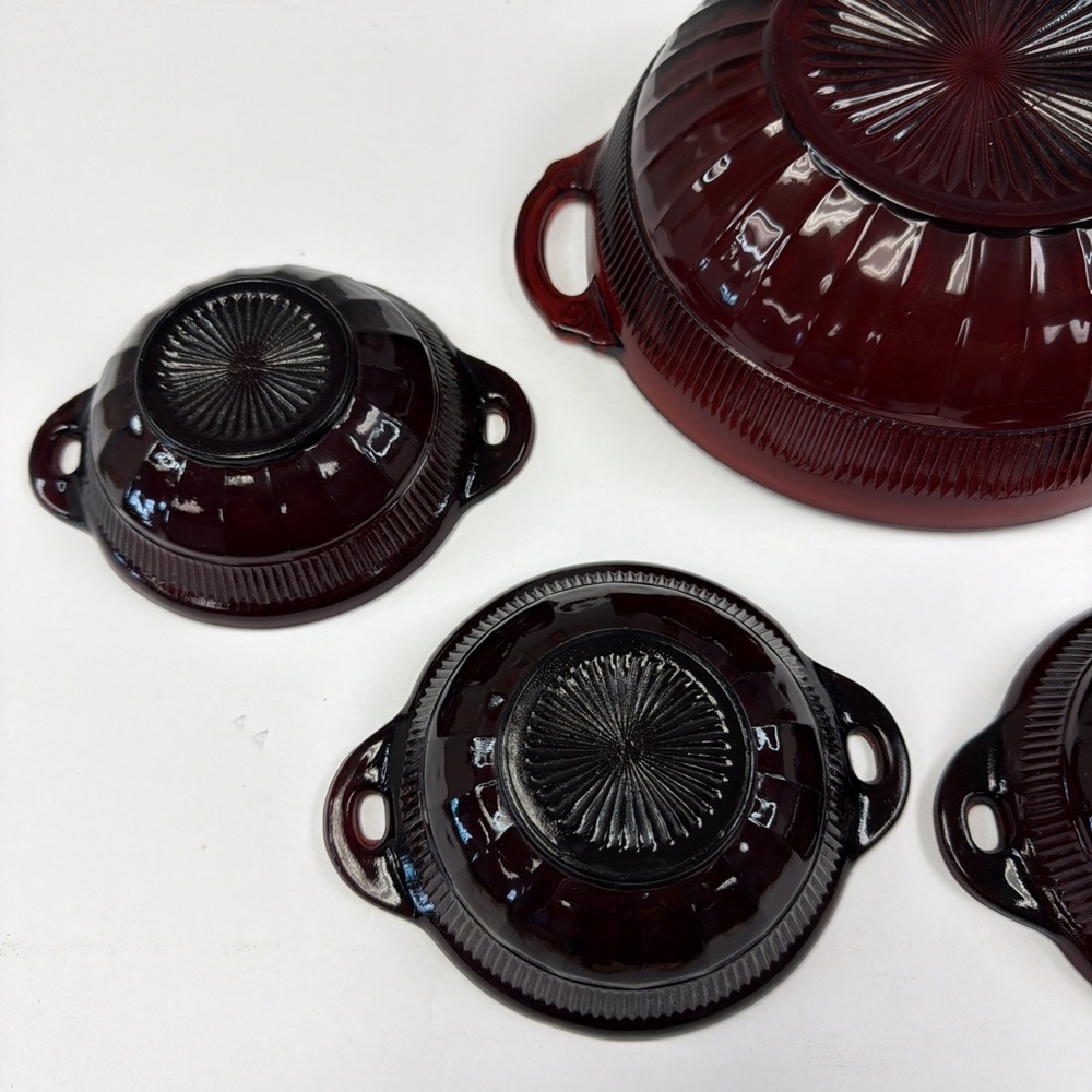 Anchor hocking 5 RUBY RED DEPRESSION GLASS Berry BOWLS W/HANDLES 1 Salad Bowl - Picture 6 of 12